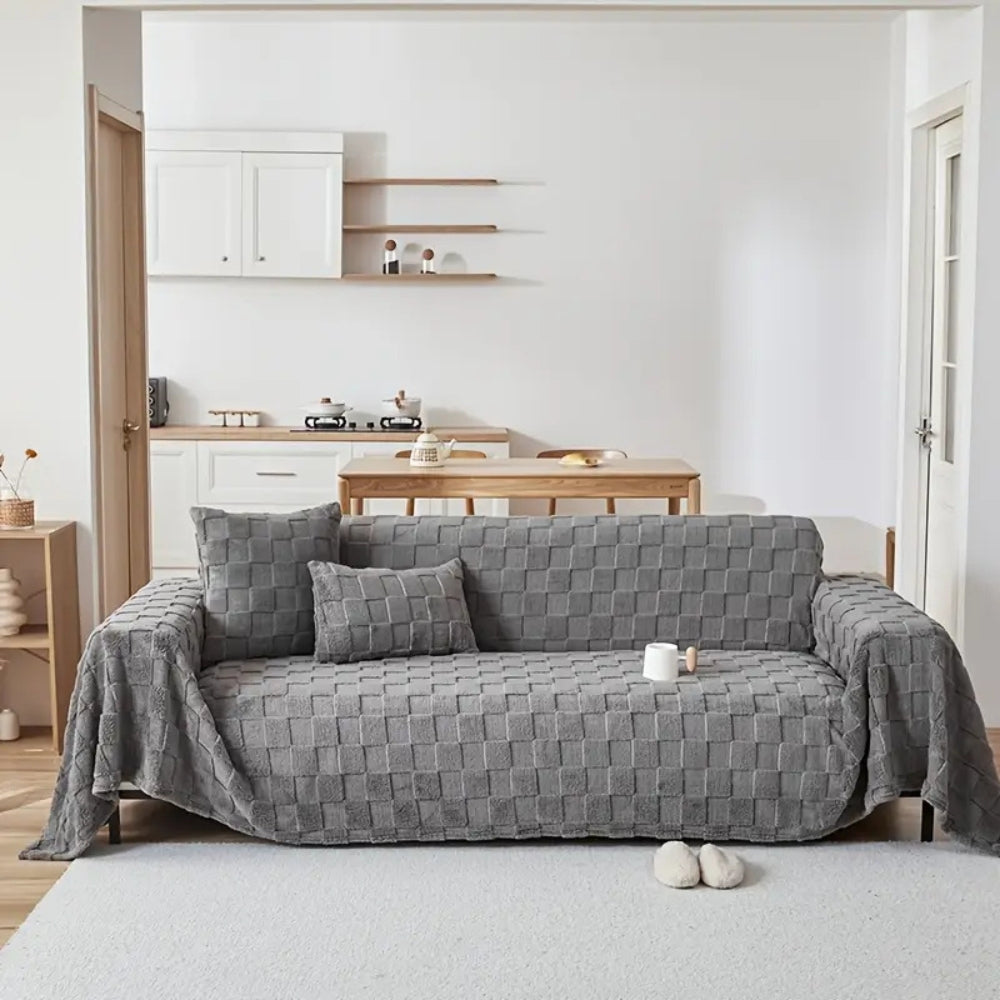 Checkered Plush Velvet Sofa Cover for Pet-Friendly Protection