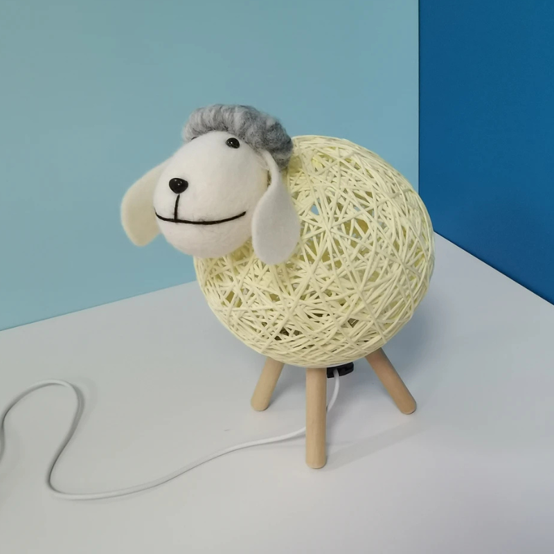Sheep-Shaped Night Lamp with Woven Shade and Wooden Base