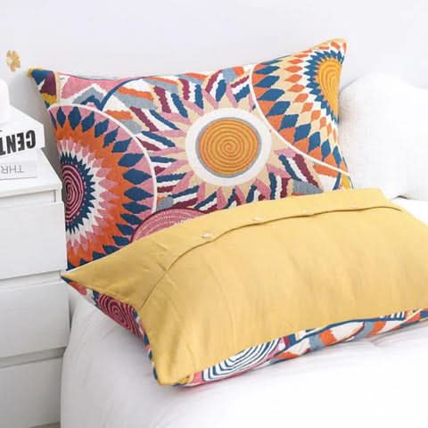 Cotton Pillowcase with Nordic Sun Design and Button Closure