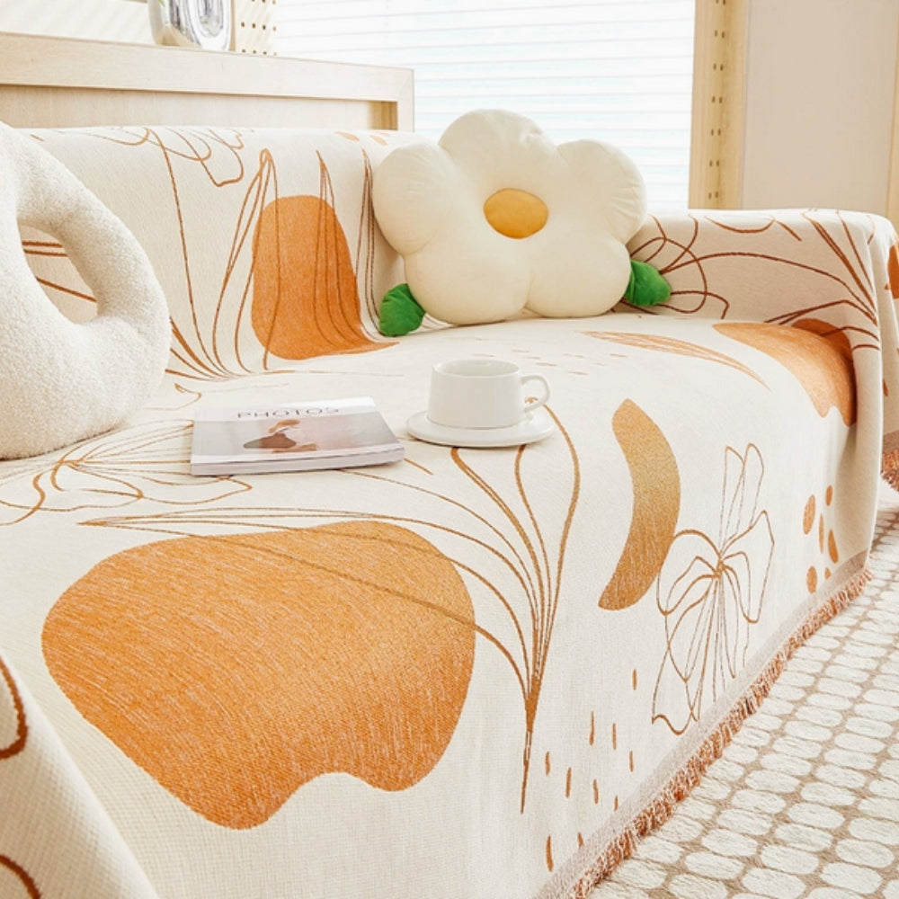 Reversible Floral Chenille Sofa Wrap with Tassels