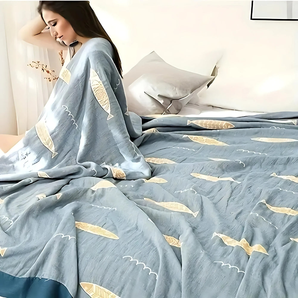 Reversible Golden Fish Cotton Gauze Blanket