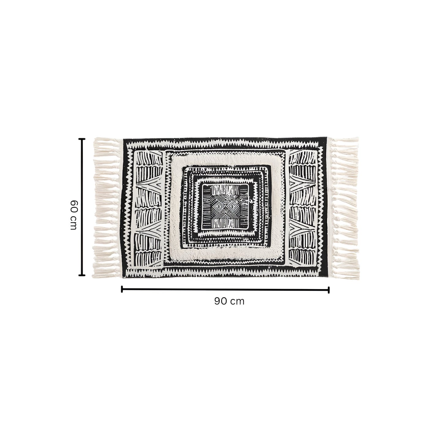 Boho Black and White Geometric Tassel Floor Mat