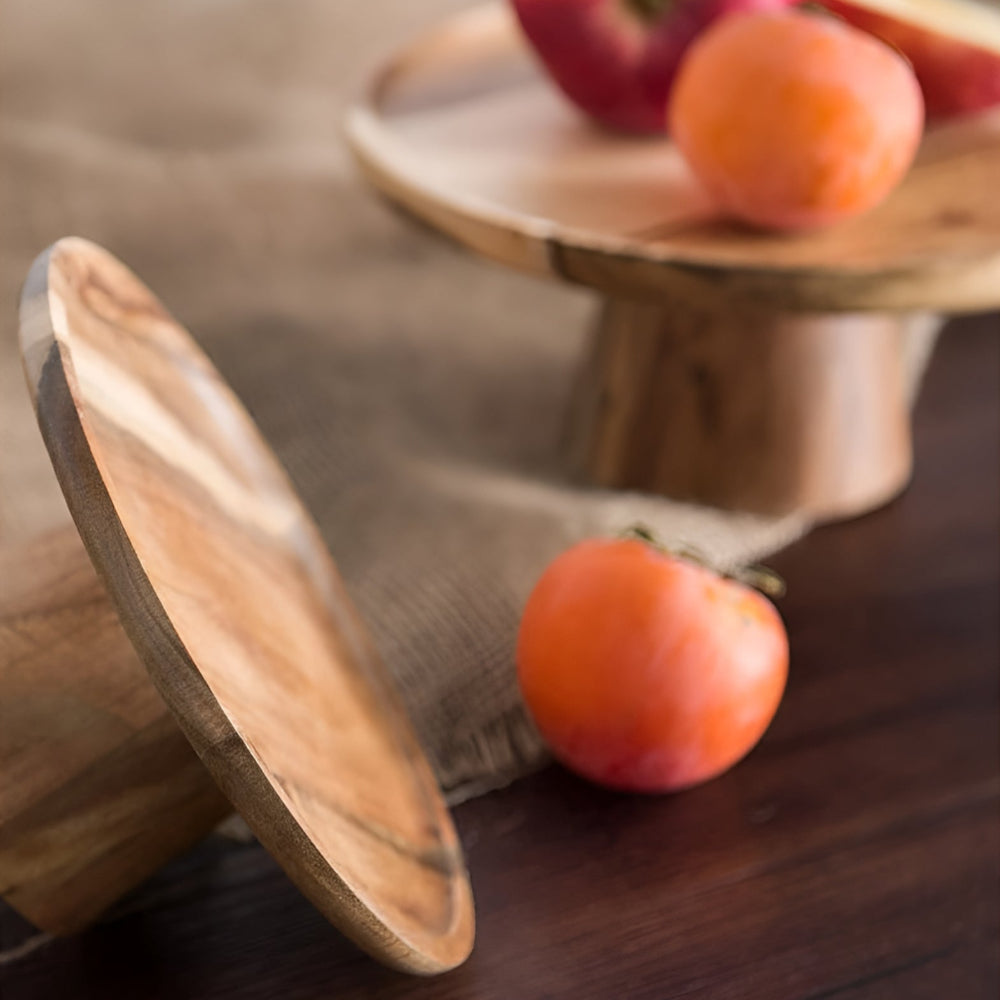 Round High Stand Wooden Cake Plate in Natural Finish