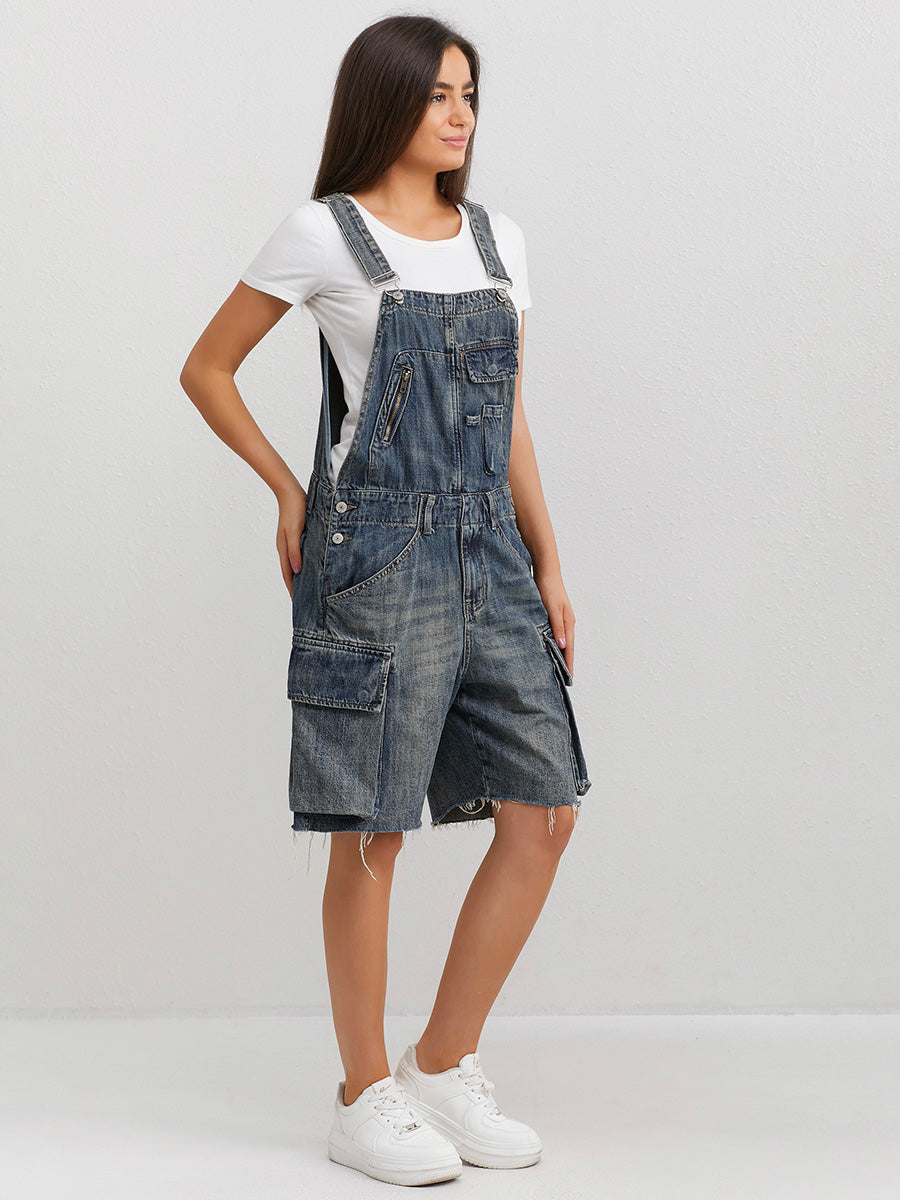 Vintage-Inspired Denim Overall Shorts with Adjustable Straps