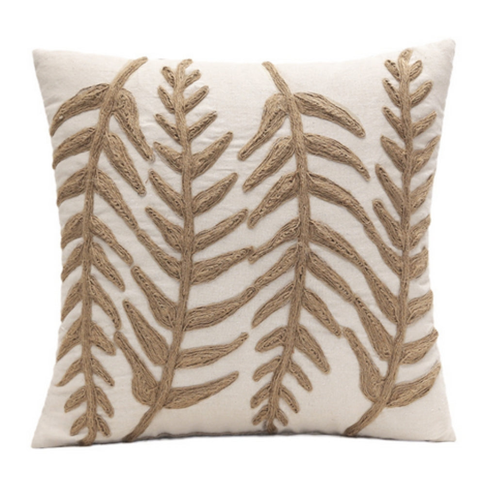 Leaf Embroidery Cotton Cushion Cover with Jute Detail