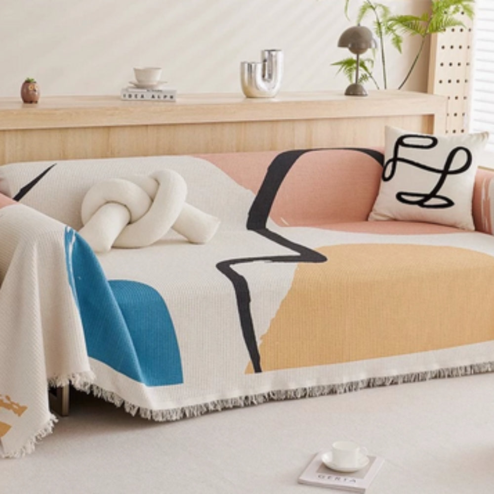 Abstract Tasseled Sofa Cover in Cotton and Microfiber