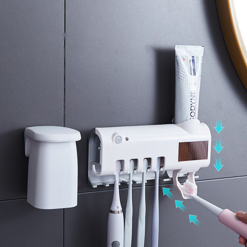 Smart UV Light Toothbrush Holder with Wall-Mounted Toothpaste Dispenser