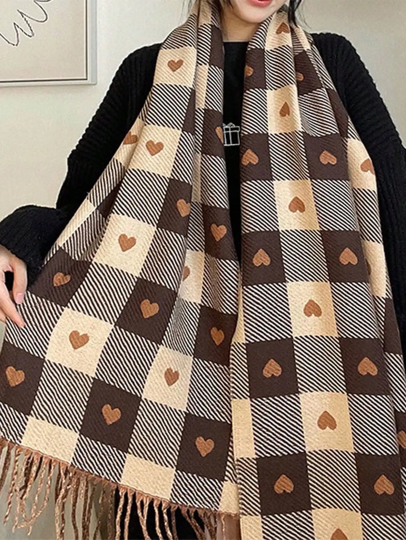 Long Checked Winter Scarf Shawl with Fringed Ends