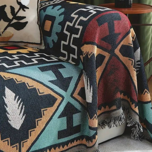 Aztec Geometric Microfiber Sofa Cover with Tassels
