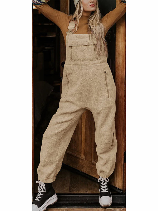 Women's Fleece Thermal Overalls with Adjustable Straps and Zippered Pockets