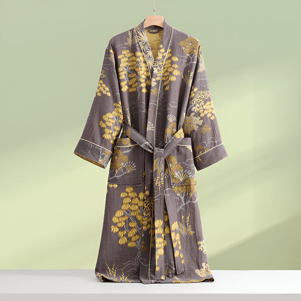 Luxurious Cotton Gauze Bathrobe with Golden Floral Patterns