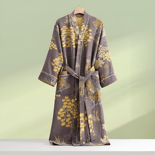 Luxurious Cotton Gauze Bathrobe with Golden Floral Patterns