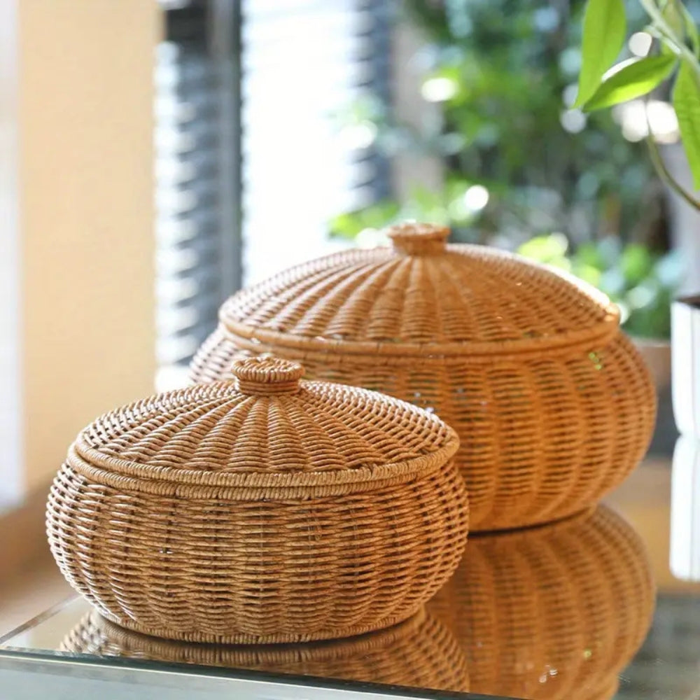 Dome-Shaped Woven Rattan Storage Basket with Lid