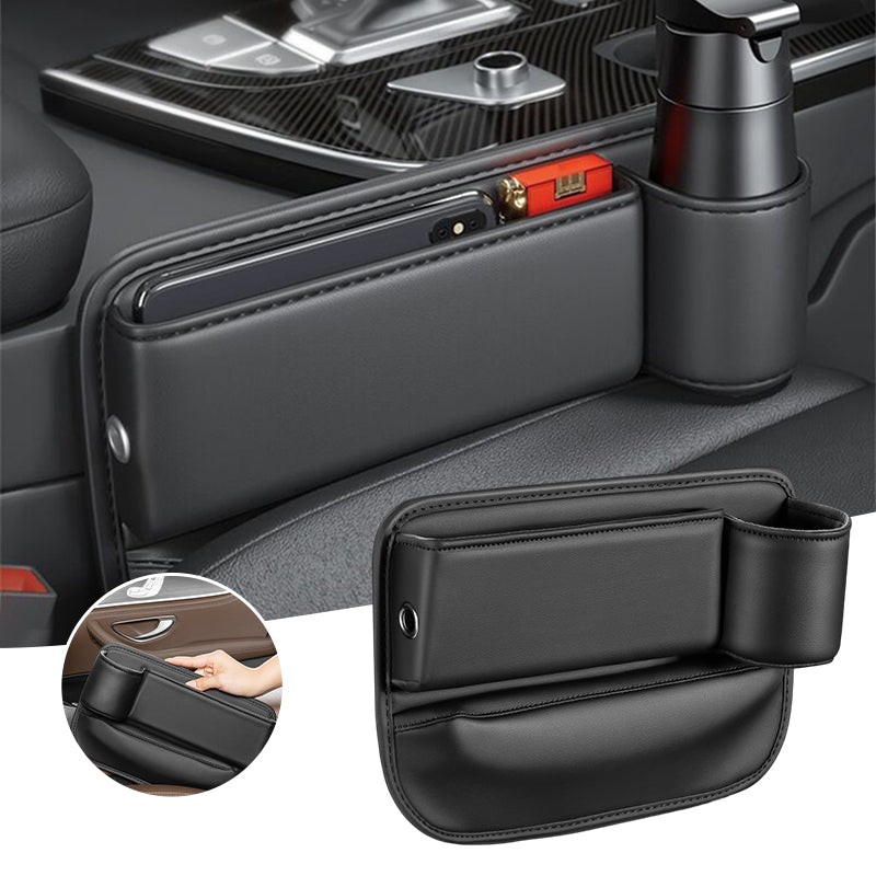 Car Seat Organizer with Charging Port - Black Leather Storage Box