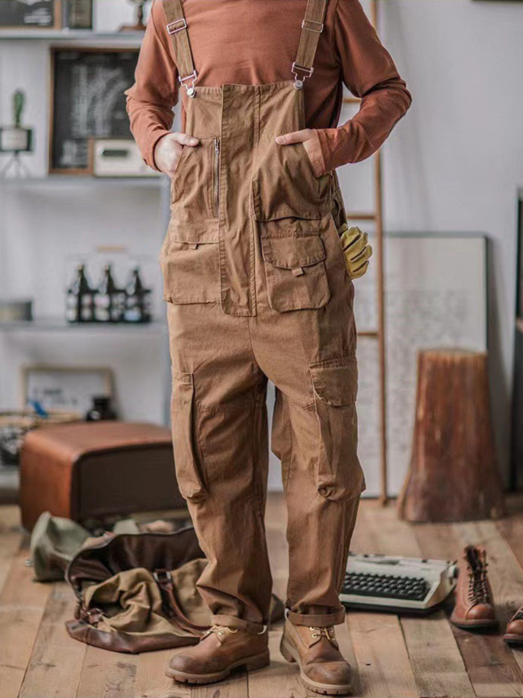 100% Cotton Loose Fit Tapered Leg Overalls with Zipper Pockets
