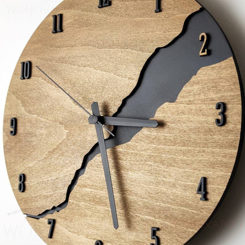 Rustic Wall Clock with Weathered Wood Finish and Cracked Design