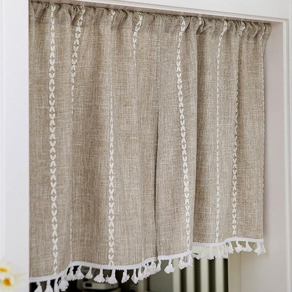 Boho Cotton Linen Kitchen Curtains with Tassels