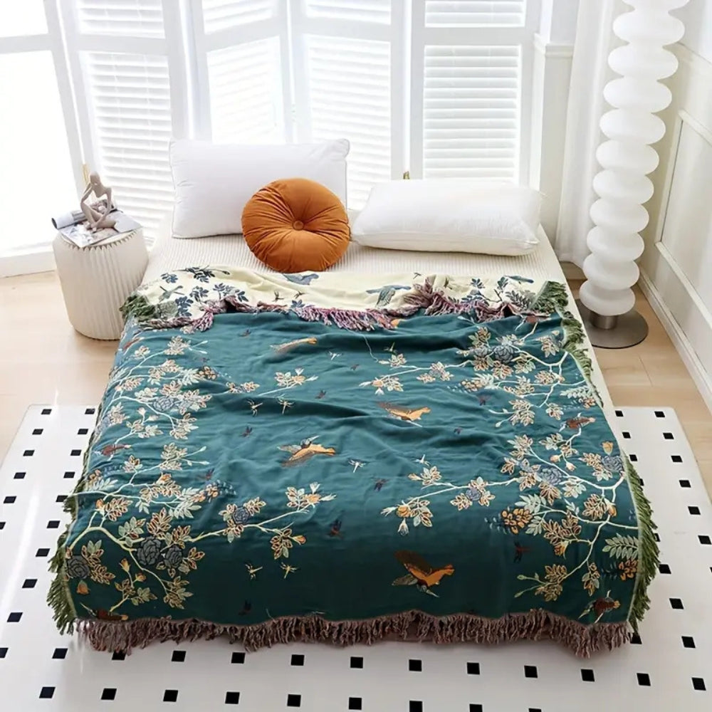 Ornate Jacquard Cotton Blanket with Tasseled Edges