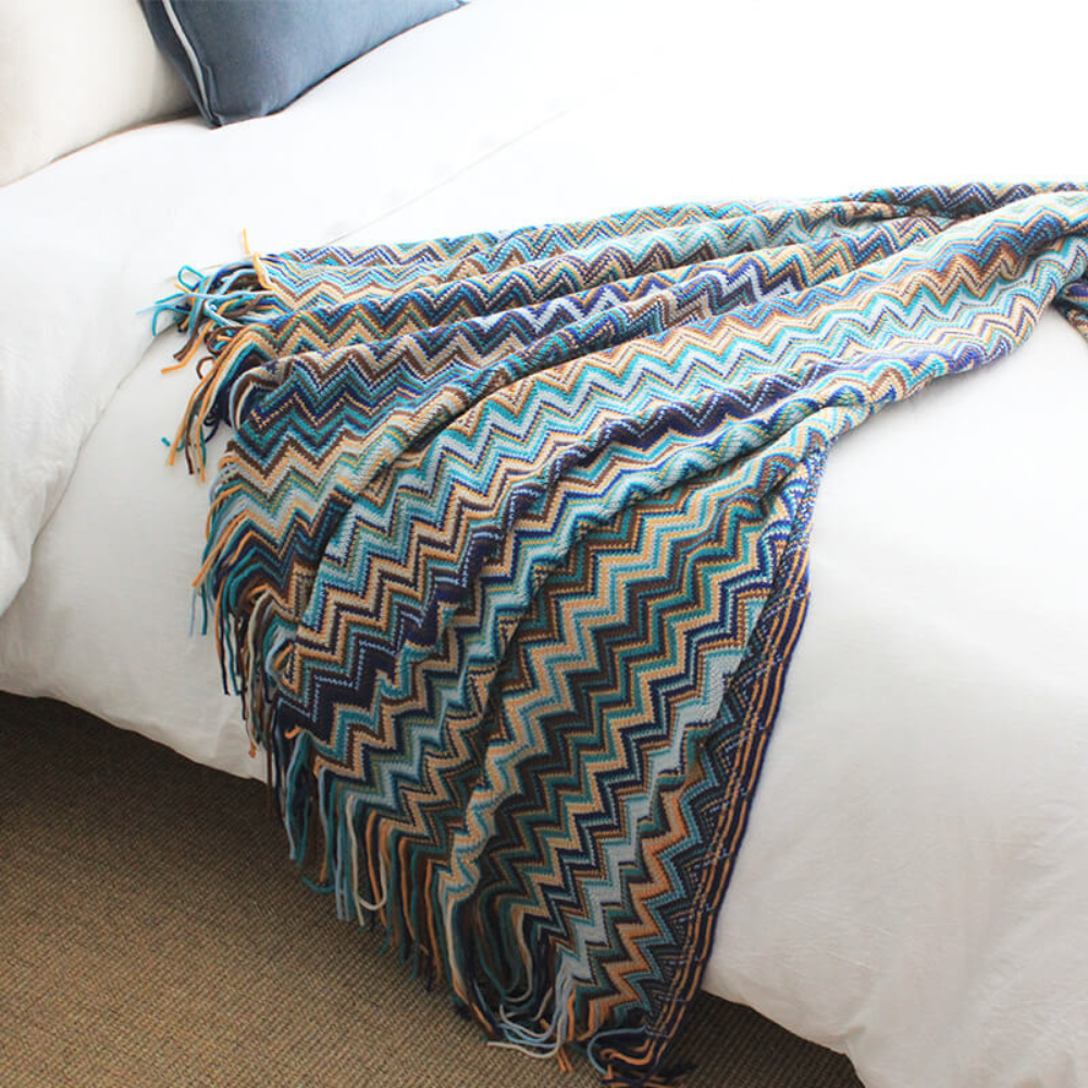 Multicolor Boho Zigzag Knit Throw Blanket with Tassels