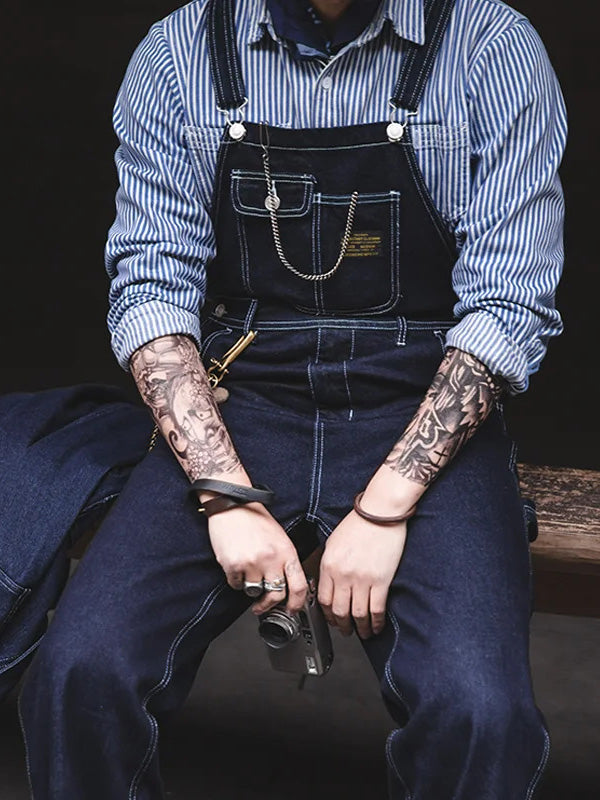 Men's Slim Fit Vintage Indigo Denim Overalls with Pockets