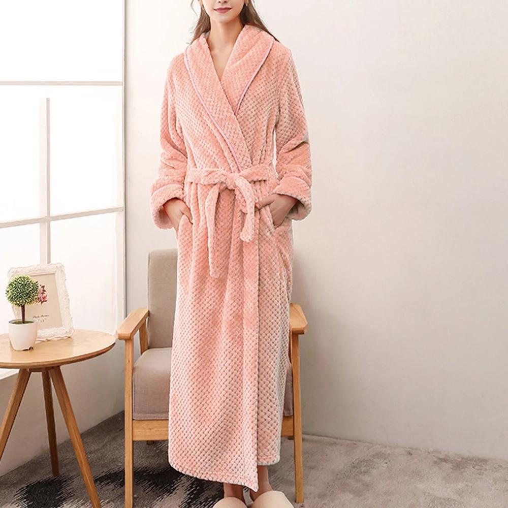 Unisex Fleece Winter Bathrobe with Pockets and Belt