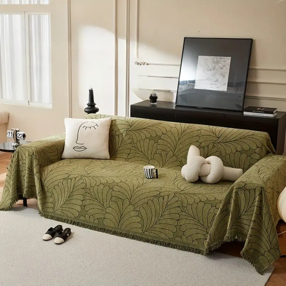 Reversible Jacquard Leaf Sofa Cover in Olive Green or Charcoal Gray