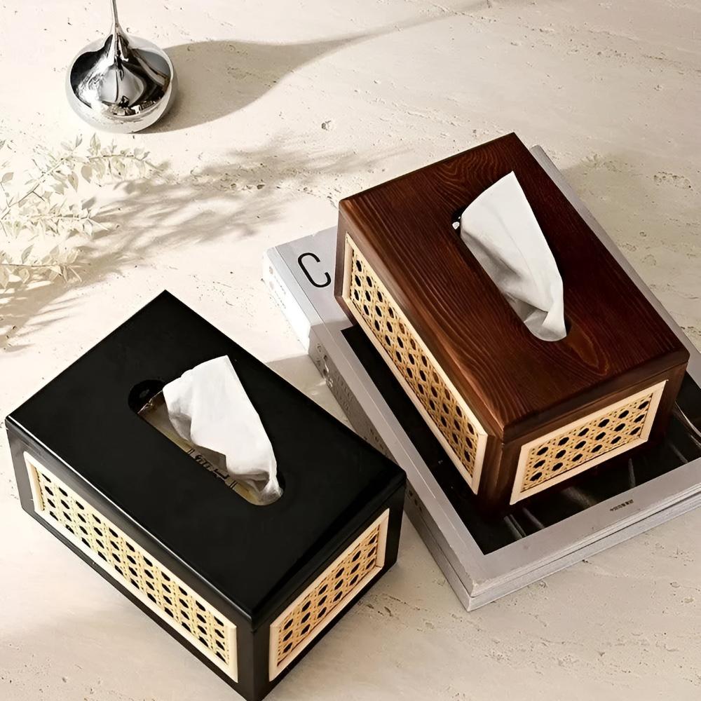 Japandi Minimalist Rattan Tissue Box with Wooden Lid