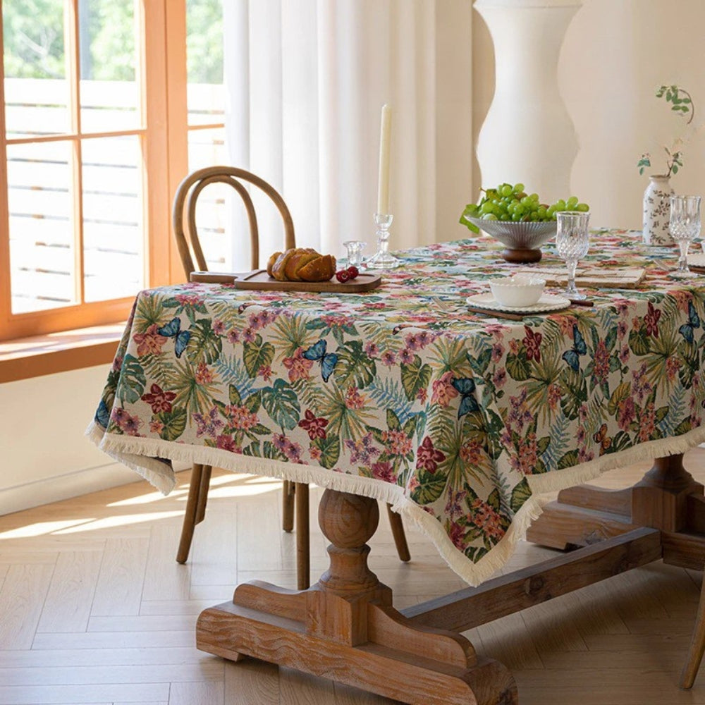 Floral Jacquard Linen Tablecloth with Fringe Trim