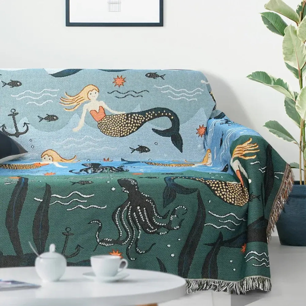 Mermaid Tapestry Sofa Cover with Tassels