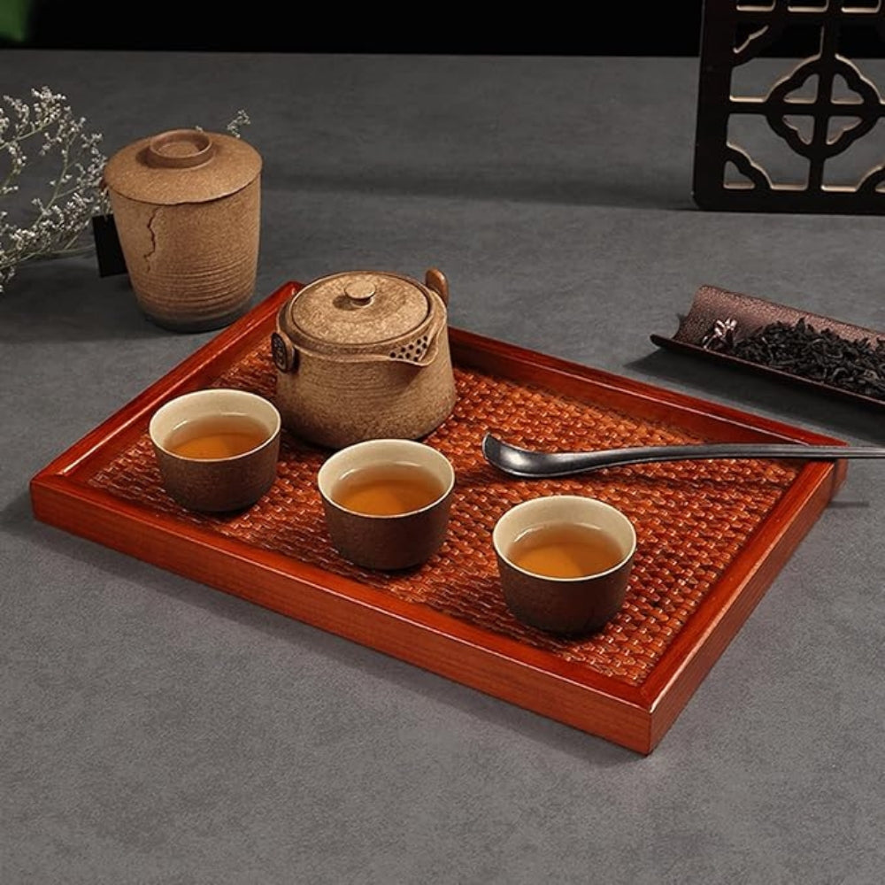Rattan-Inspired Wooden Tea Tray Set