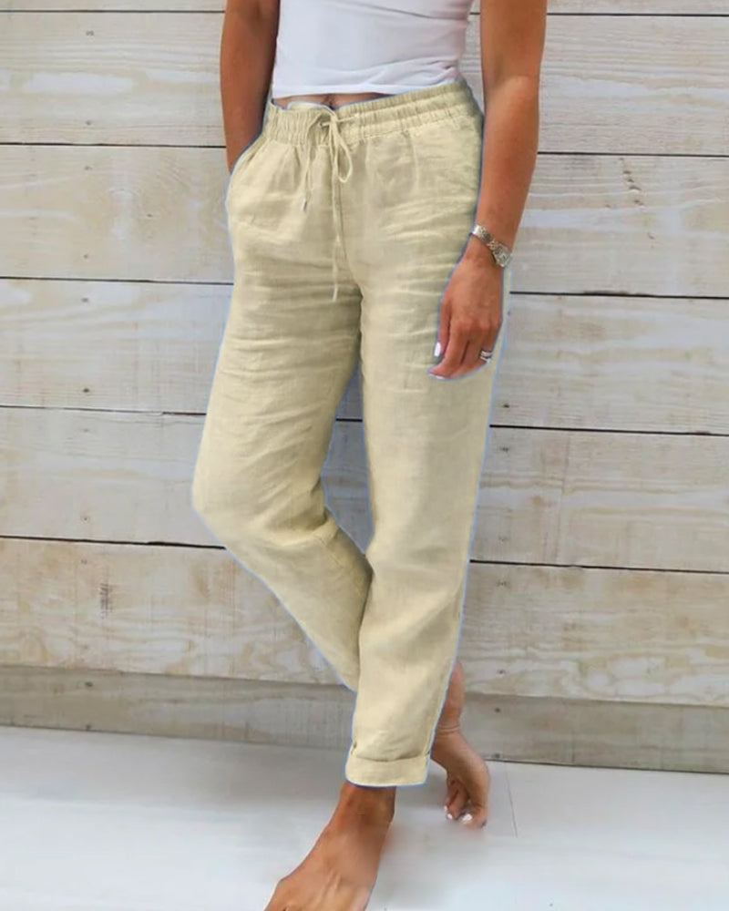 Women's Linen Cotton Pants with Elastic Waist and Drawstring