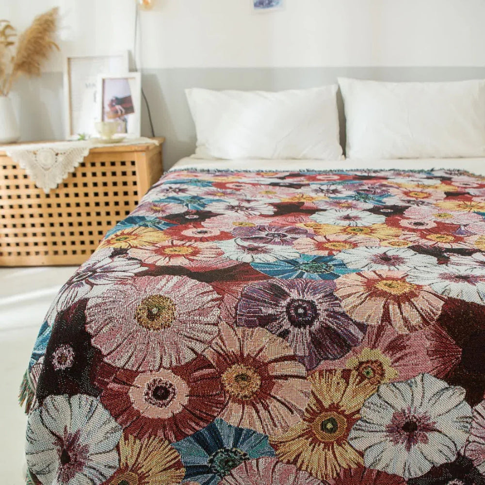 Vintage Floral Woven Blanket with Tassels