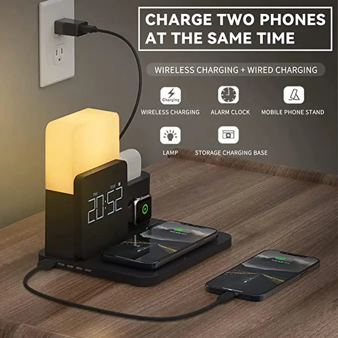 Multifunctional Wireless Charging Station with LED Lamp and Alarm Clock