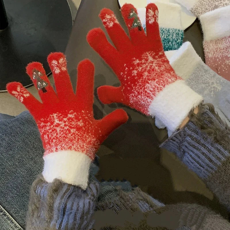 Fleece Lined Convertible Fingerless Gloves with Festive Design
