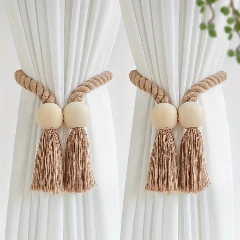 Wooden Bead Tassel Curtain Tie-Back Set