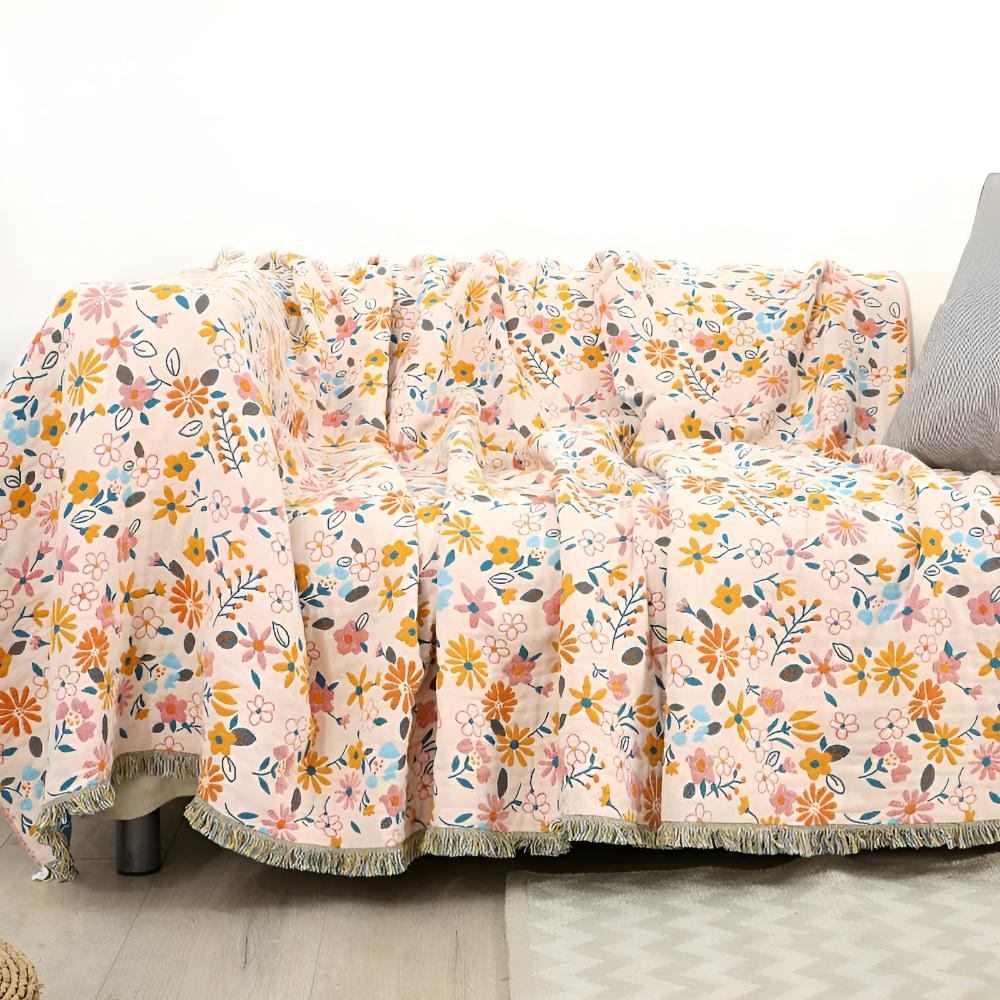 Reversible Floral Tassel Blanket in Cotton