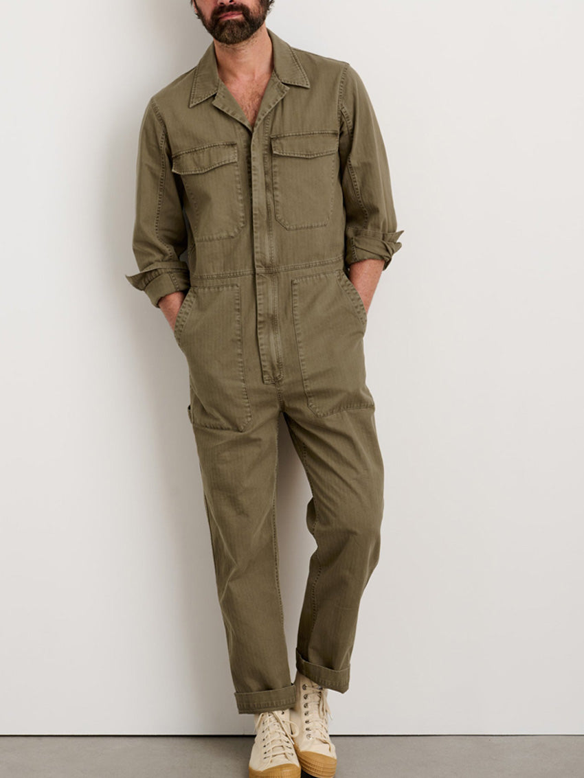 Men's Slim Fit Military Zip Jumpsuit in Cotton Herringbone