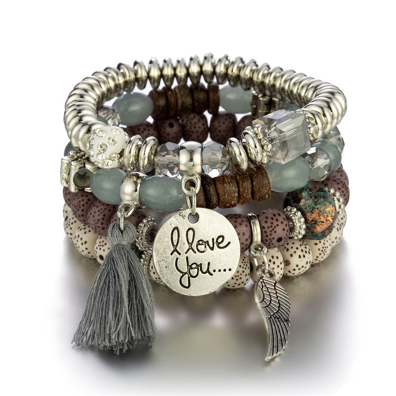 I Love You Beaded Bracelet Set with Silver Charm and Tassel