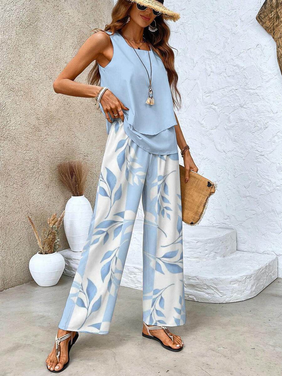 Sleeveless Summer Two-Piece Set with Wide-Leg Leaf Pattern Pants