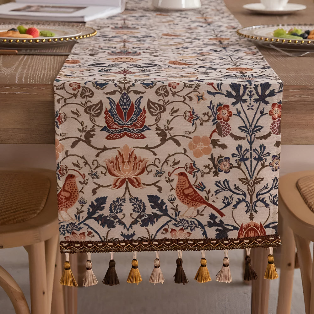 Vintage Floral Bird Jacquard Table Runner with Tasselled Edges