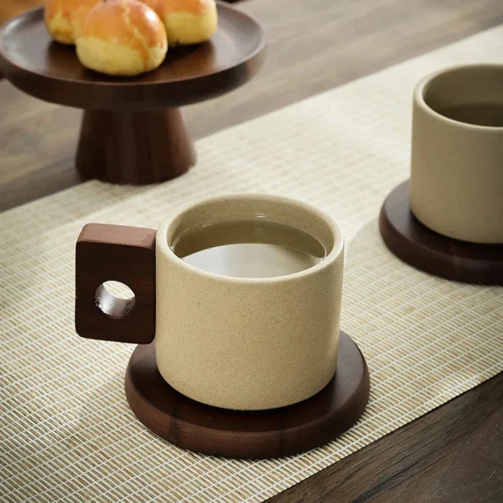 Modern Ceramic Mug with Wooden Handle