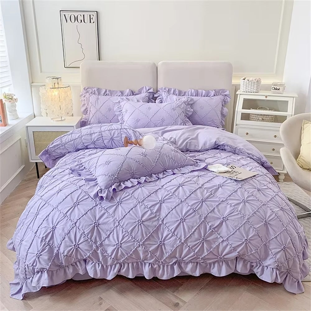 Cotton Plush Ruffle Bedding Set with Pinch Pleats