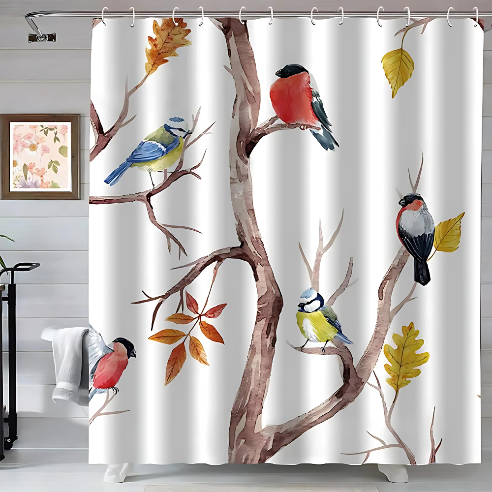 Nature-Inspired Waterproof Bird & Tree Branches Shower Curtain