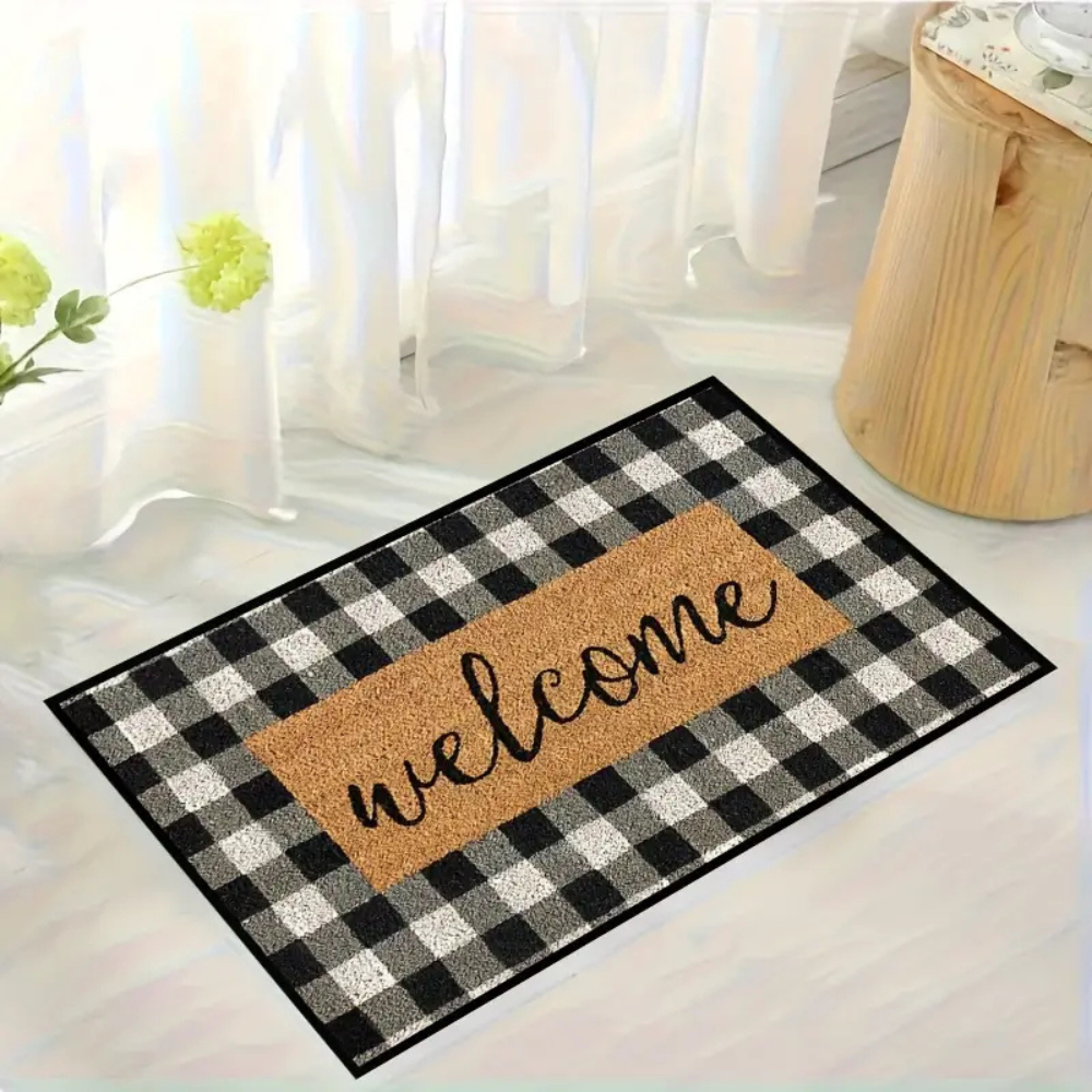 Buffalo Plaid Coir Welcome Door Mat with Non-Slip Backing