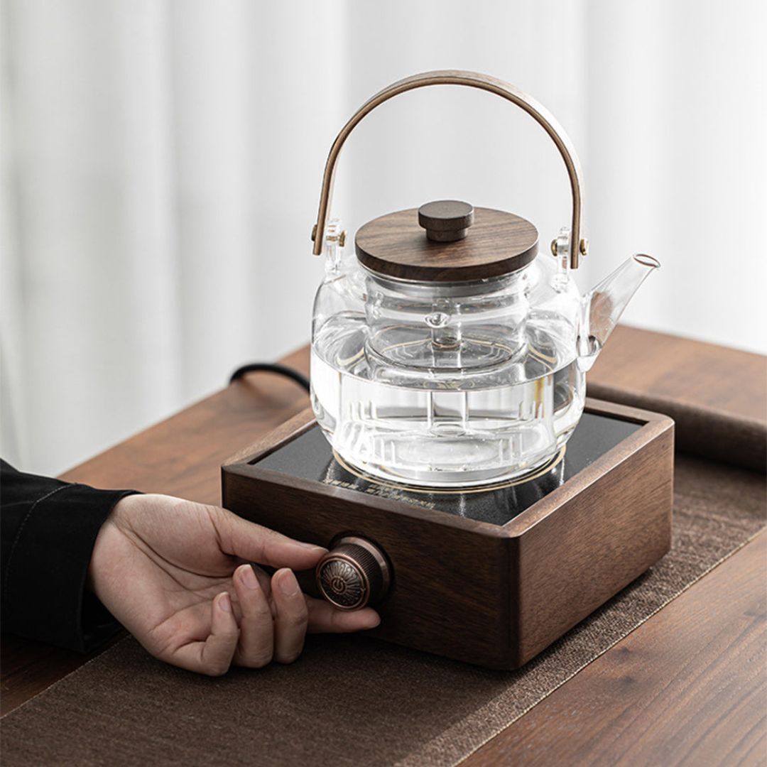 Elegant Walnut Tea Warmer with Adjustable Temperature Control