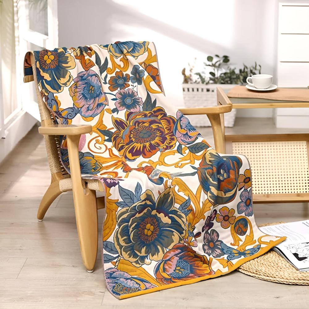 Reversible Cotton Bath Towel with Blooming Flowers Design
