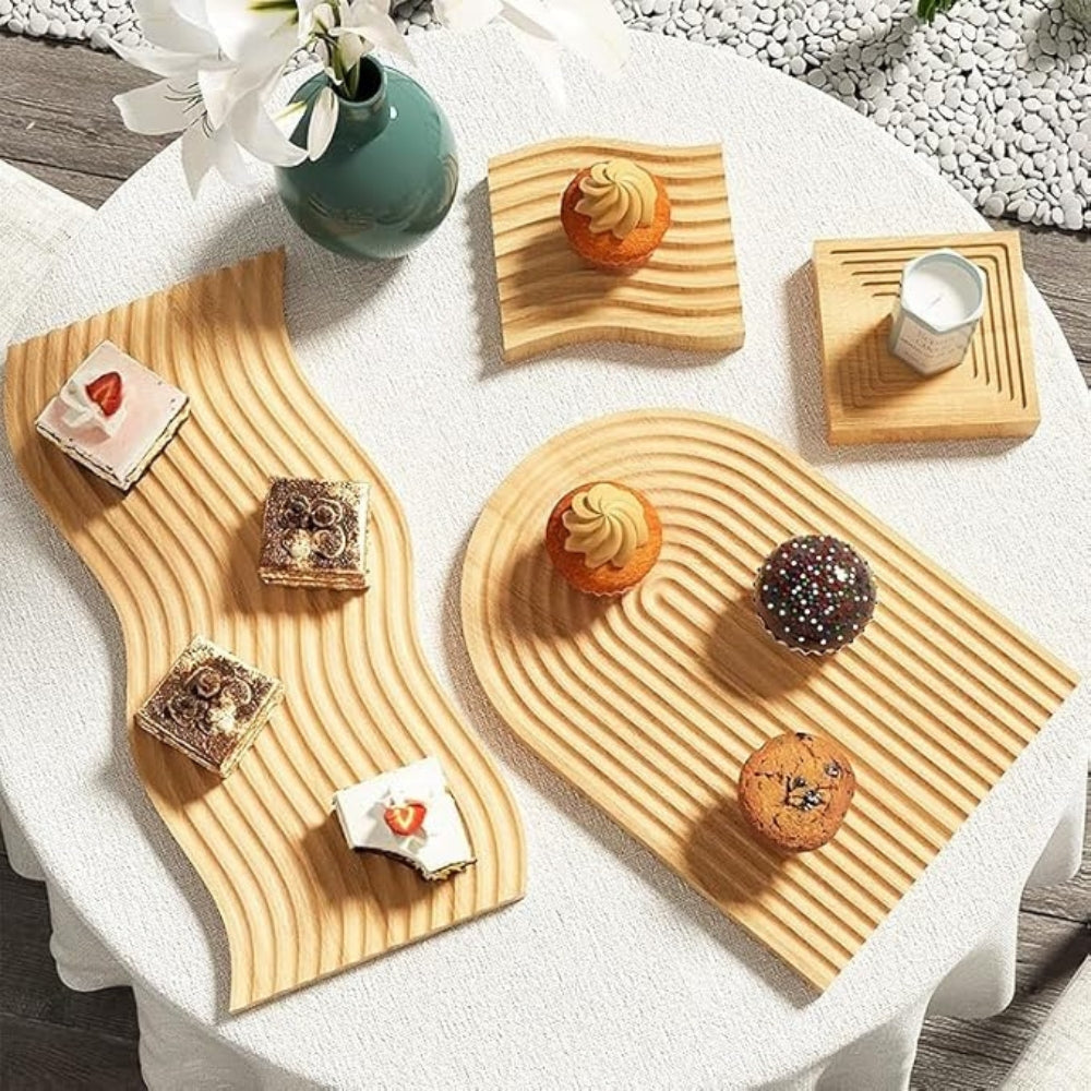 Rippled Wooden Serving Tray with Polished Finish