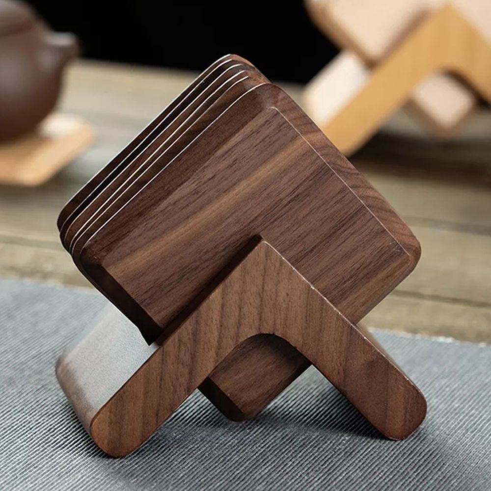 Sleek Wooden Coaster Set with Holder - 6 Natural Finish Coasters