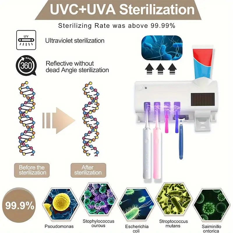 Smart UV Light Toothbrush Holder with Wall-Mounted Toothpaste Dispenser