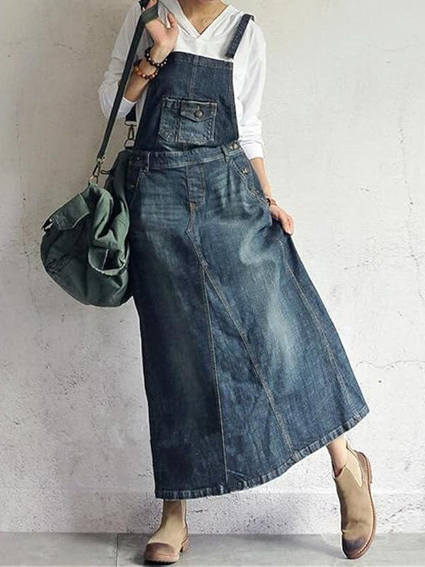 Vintage-Inspired Denim Overall Dress with Back Slit